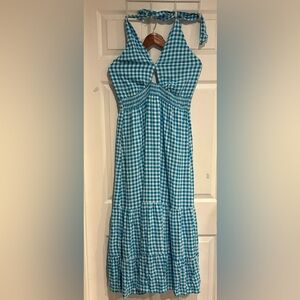Elegant Blue Checkered Maxi Dress